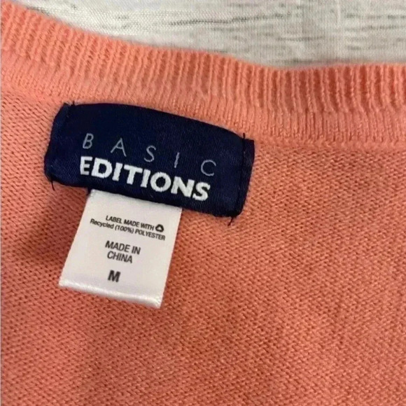 Basic Editions Women's V Neck Beaded Orange Melon Fine Knit Sweater Size M - Picture 9 of 13